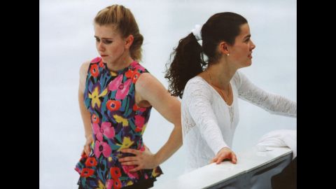 Before the 1994 Lillehammer Winter Olympics, figure skater Nancy Kerrigan, right, was injured by a man connected to her rival, fellow US figure skater Tonya Harding, left, sparking one of the biggest scandals in sports history. This made for some awkward practice sessions at the Olympics, like the one shown here in Lillehammer on February 17, 1994. Kerrigan won a silver medal at the Olympics, while Harding placed eighth and was later banned for life from the sport.