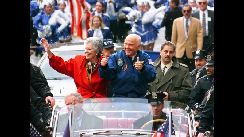 More than 36 years after becoming the first American to orbit the Earth, in 1998 <a href="http://www.cnn.com/2013/01/17/us/john-glenn-fast-facts/index.html">John Glenn</a> made his historic return to outer space as a crew member on the space shuttle Discovery. When Discovery launched on October 29, 1998, Glenn was 77 years old and still a sitting US senator, making him the oldest human to travel into space. Glenn, who died in 2016, is shown with his wife and other members of the crew during a ticker-tape parade in their honor on November 16, 1998, in New York. 