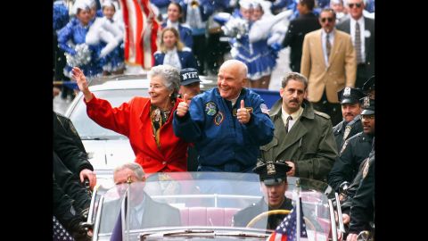 More than 36 years after becoming the first American to orbit the Earth, in 1998 <a href="http://www.cnn.com/2013/01/17/us/john-glenn-fast-facts/index.html">John Glenn</a> made his historic return to outer space as a crew member on the space shuttle Discovery. When Discovery launched on October 29, 1998, Glenn was 77 years old and still a sitting US senator, making him the oldest human to travel into space. Glenn, who died in 2016, is shown with his wife and other members of the crew during a ticker-tape parade in their honor on November 16, 1998, in New York. 