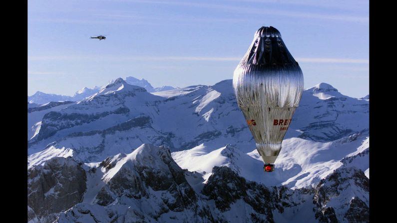 Piloted by Switzerland's Bertrand Piccard and his English co-pilot, Brian Jones, the Breitling Orbiter 3 balloon is shown sailing over the Swiss Alps on March 1, 1999. Just 20 days later, Piccard and Jones achieved the first nonstop balloon trip around the world when they landed safely in North Africa. After landing, <a href="index.php?page=&url=http%3A%2F%2Fwww.nytimes.com%2F1999%2F03%2F21%2Fworld%2Fballoon-history-and-in-only-20-days.html" target="_blank" target="_blank">Jones was asked how he'd celebrate his achievement and told The New York Times</a>, "The first thing I'll do is phone my wife, and then, like the good Englishman I am, I'll have a cup of tea.''