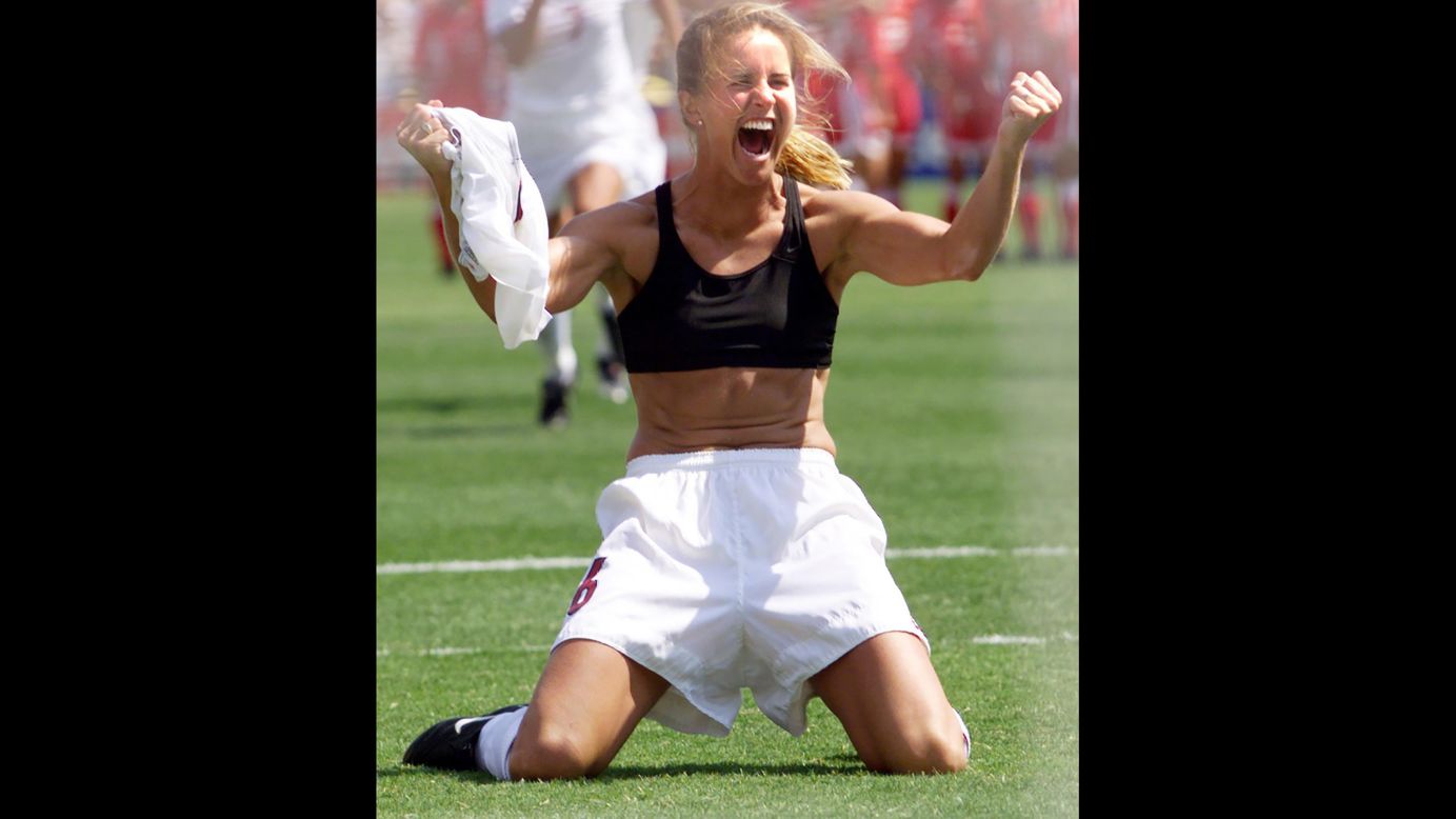 The 1999 US Women's National Team -- the 99ers, as they were called -- played in front of sold out stadiums during their quest for glory at the 1999 FIFA Women's World Cup. It culminated with Brandi Chastain's penalty kick that clinched the Americans' victory in the World Cup final on July 10, 1999. The ensuing celebration, shown, is among the most famous in sports history. 