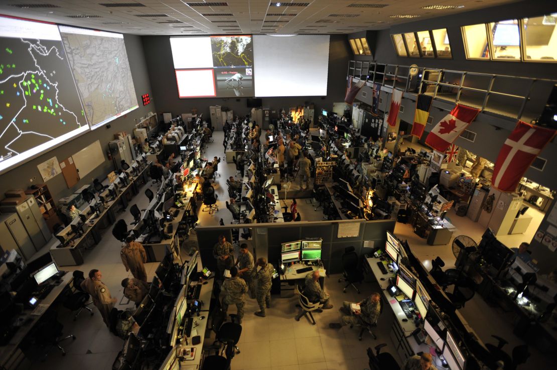 The US Combined Air Operations Center (CAOC) at Al Udeid Air Base, Qatar, provides command and control of air power throughout Iraq, Syria, Afghanistan, and 17 other nations. 