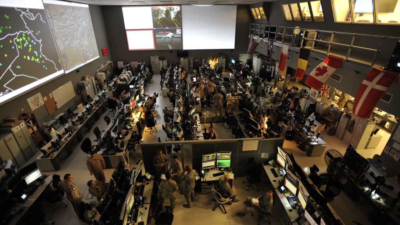 The US Combined Air Operations Center (CAOC) at Al Udeid Air Base, Qatar, provides command and control of air power throughout Iraq, Syria, Afghanistan, and 17 other nations. 