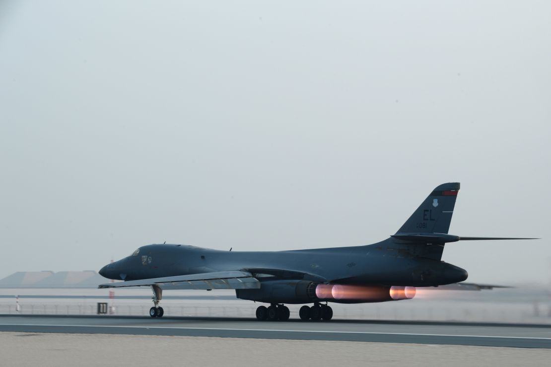 A U.S. Air Force B-1 bomber  takes off from Al Udeid Air Base for a strike against ISIS in 2015.