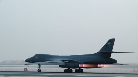 A U.S. Air Force B-1 bomber  takes off from Al Udeid Air Base for a strike against ISIS in 2015.