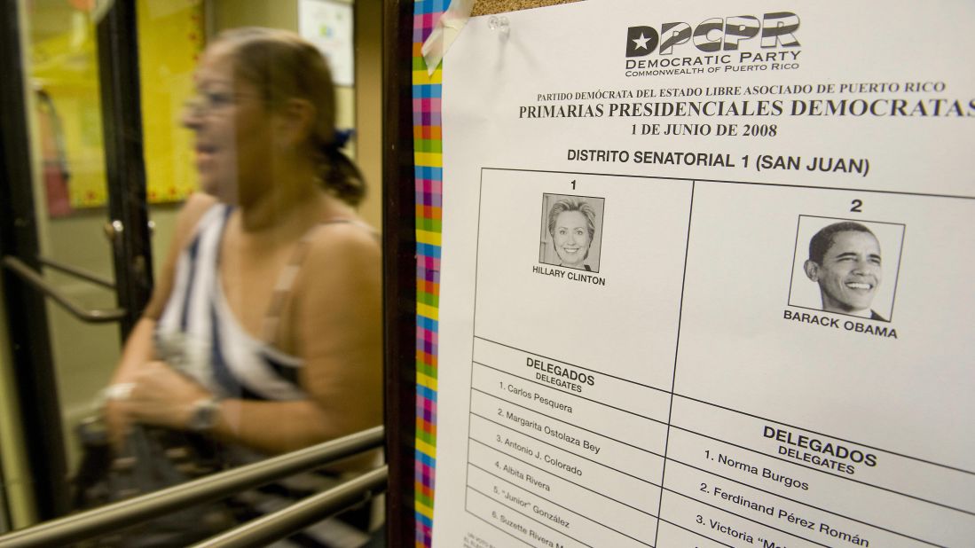 A woman leaves a voting station after casting her ballot in the June 2008 Democratic presidential primary between Hillary Clinton and Barack Obama in San Juan. Puerto Ricans can vote in US primaries but not in presidential elections.