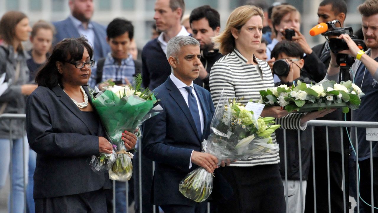 Diane Abbott (left) appears with London Mayor Sadiq Khan and then Home Secretary Amber Rudd (right) at a vigil for London Bridge terror attack victims in 2017.