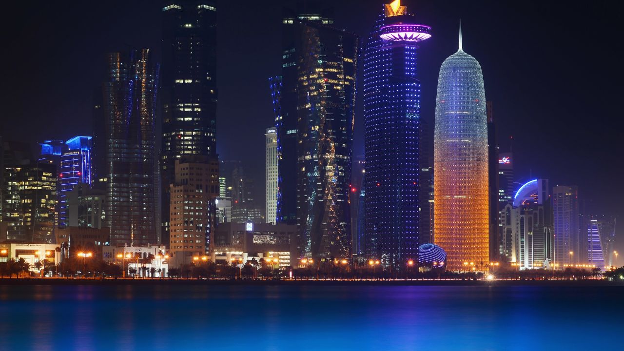 DOHA, QATAR - JANUARY 07:  The illuminate skyline of Doha is seen on January 7, 2014 in Doha, Qatar.  (Photo by Lars Baron/Getty Images)