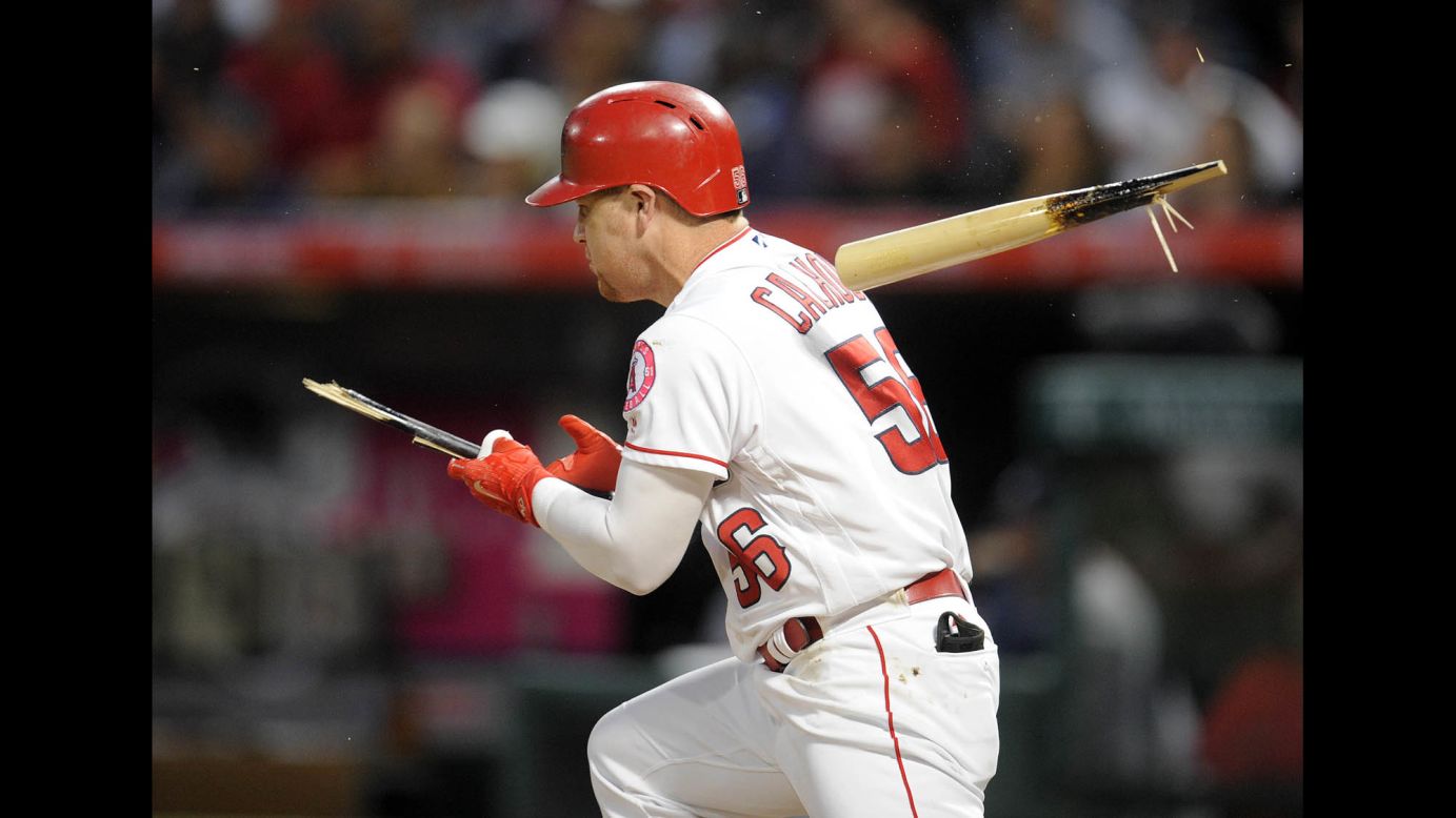 The bat breaks in Kole Calhoun's hands as the Los Angeles Angels outfielder plays against Atlanta on Tuesday, May 30.