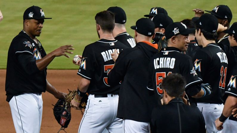 Miami pitcher Edinson Volquez is handed a game ball after throwing a no-hitter against Arizona on Saturday, June 3. It was the first no-hitter thrown in the majors this season. 