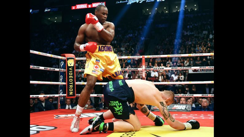 Adonis Stevenson stands over Andrzej Fonfara during their light-heavyweight title fight on Saturday, June 3. Stevenson defended his WBC belt with a second-round stoppage in his adopted hometown of Montreal.