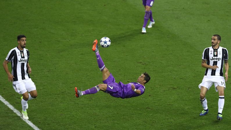 Real Madrid star Cristiano Ronaldo performs an overhead kick during the Champions League final against Juventus on Saturday, June 3. <a href="index.php?page=&url=http%3A%2F%2Fwww.cnn.com%2F2017%2F06%2F03%2Ffootball%2Freal-madrid-juventus-champions-league-final-ronaldo-mandzukic%2Findex.html" target="_blank">Ronaldo scored two goals</a> as Madrid won 4-1, defending the title it won last year.