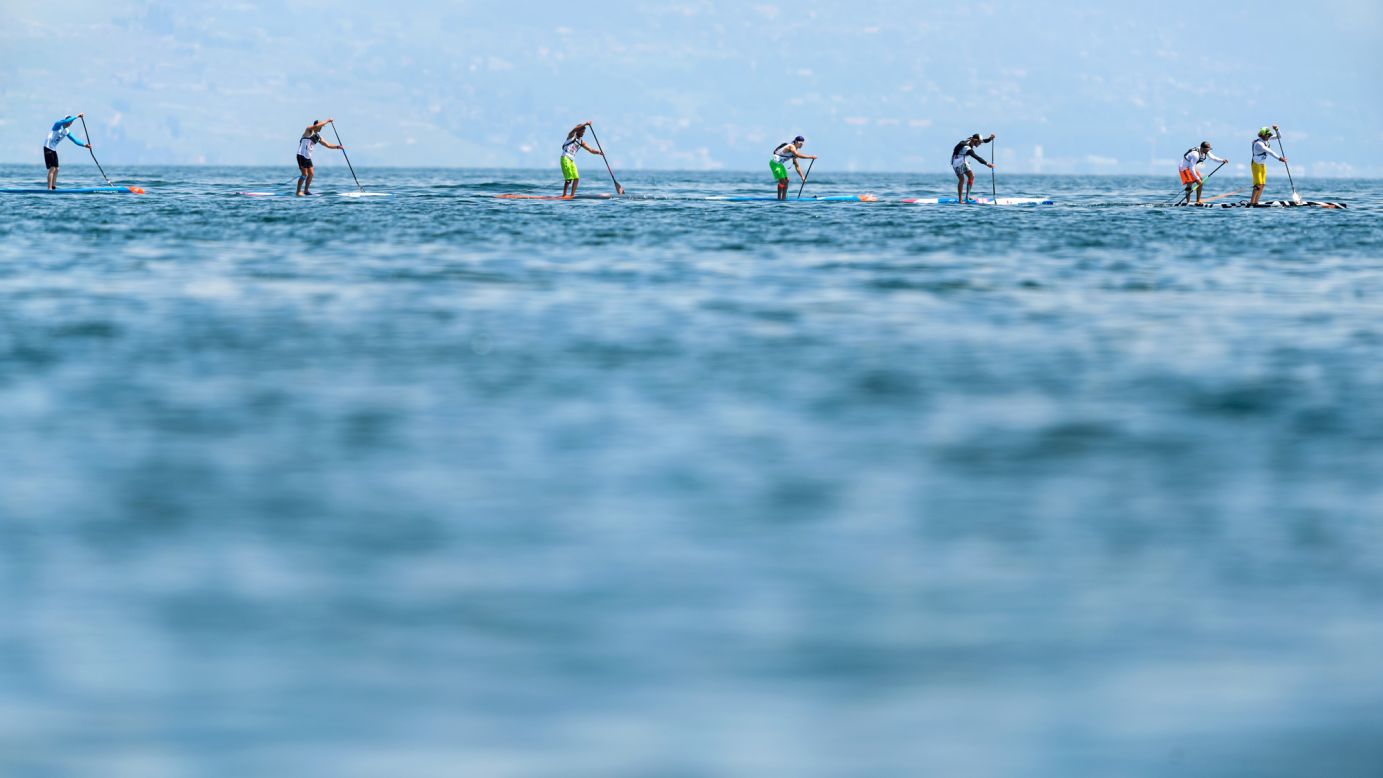 Paddleboarders compete in the Thonon Sup Race on Saturday, June 3. The 19-kilometer (11.8-mile) race crosses Lake Geneva between Switzerland and France. 