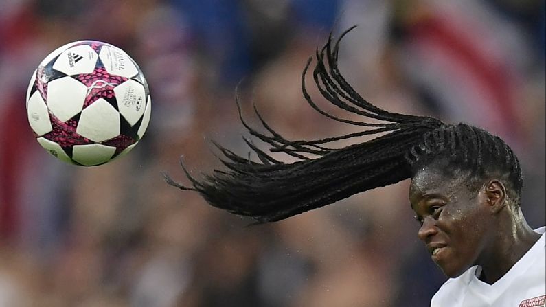 Lyon defender Griedge Mbock Bathy leaps for a header during the final of the Women's Champions League on Thursday, June 1. Lyon won on penalties, defeating another French club, Paris Saint-Germain, after the match ended scoreless. Lyon also won the tournament last year.