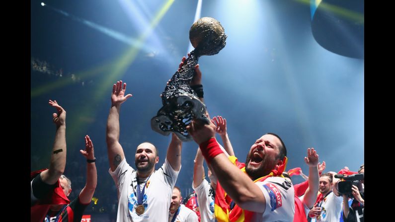 Players from Vardar, a Macedonian handball club, celebrate after winning the Champions League final in Cologne, Germany, on Sunday, June 4. Vardar defeated Paris Saint-Germain 24-23. 