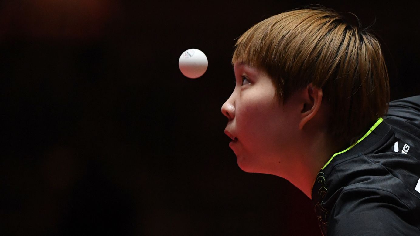 Zhu Yuling eyes the ball during a quarterfinal match at the World Table Tennis Championships on Friday, June 2.
