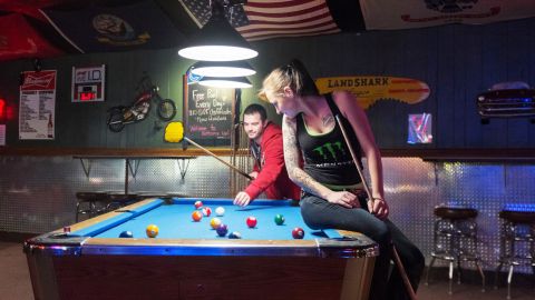 A  pool game at the Bottoms Up trucker bar in Lebanon, Indiana.