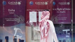A picture taken on June 5, 2017 shows a man standing outside the Qatar Airways branch in the Saudi capital Riyadh, after it had suspended all flights to Saudi Arabia following a severing of relations between major gulf states and gas-rich Qatar.
Arab nations including Saudi Arabia and Egypt cut ties with Qatar accusing it of supporting extremism, in the biggest diplomatic crisis to hit the region in years. / AFP PHOTO / FAYEZ NURELDINE        (Photo credit should read FAYEZ NURELDINE/AFP/Getty Images)