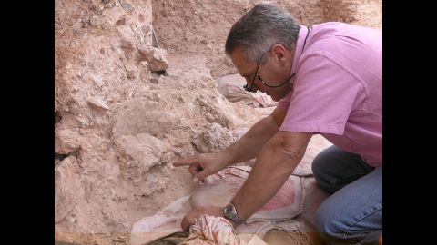 Jean-Jacques Hublin is pictured when he first saw the new finds at Jebel Irhoud  in Morocco. He is pointing to the crushed human skull.