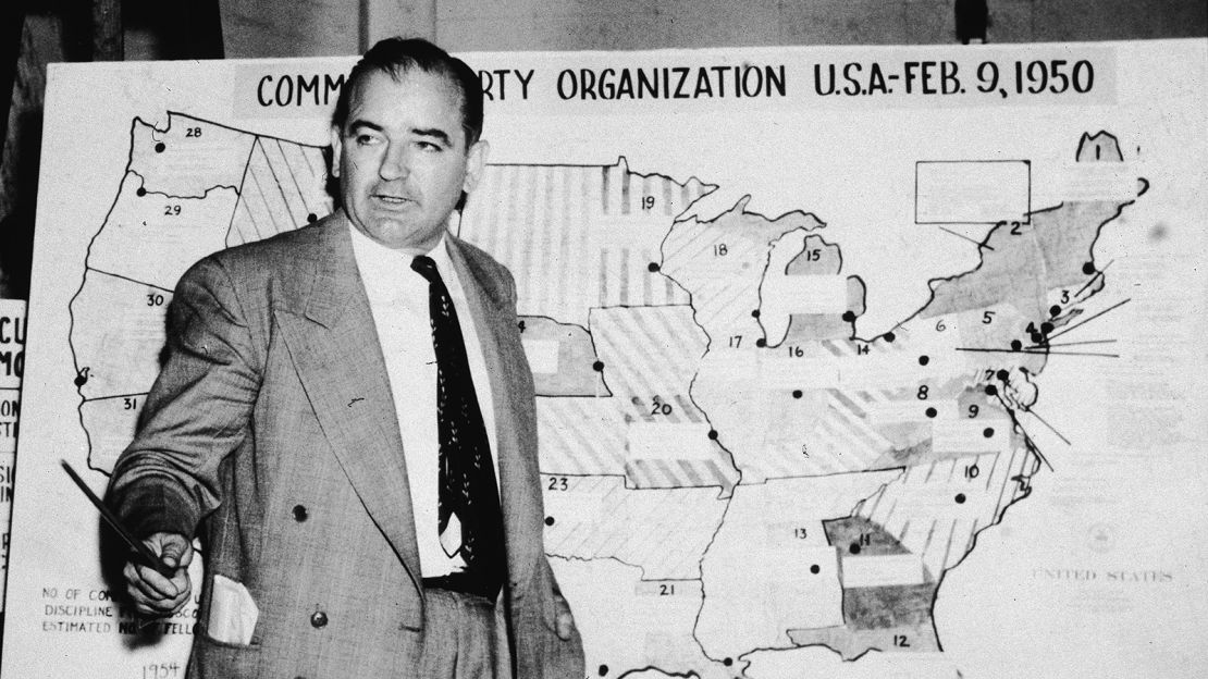 In this June 9, 1954, file photo, Joseph McCarthy testifies against the US Army during the Army-McCarthy hearings in Washington.