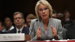 WASHINGTON, DC :  Education Secretary Betsy DeVos testifies before the Senate Appropriations Committee on Capitol Hill June 6, 2017 in Washington, DC. DeVos testified on the fiscal year 2018 budget request for the Education Department.  (Photo by Win McNamee/Getty Images)