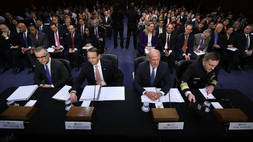 WASHINGTON, DC: (L-R) Acting FBI Director Andrew McCabe, Deputy Attorney General Rod Rosenstein, Director of National Intelligence Daniel Coats and National Security Agency Director Adm. Michael Rogers prepare to testify before the Senate Intelligence Committee in the Hart Senate Office Building on Capitol Hill June 7, 2017 in Washington, DC. (Chip Somodevilla/Getty Images)