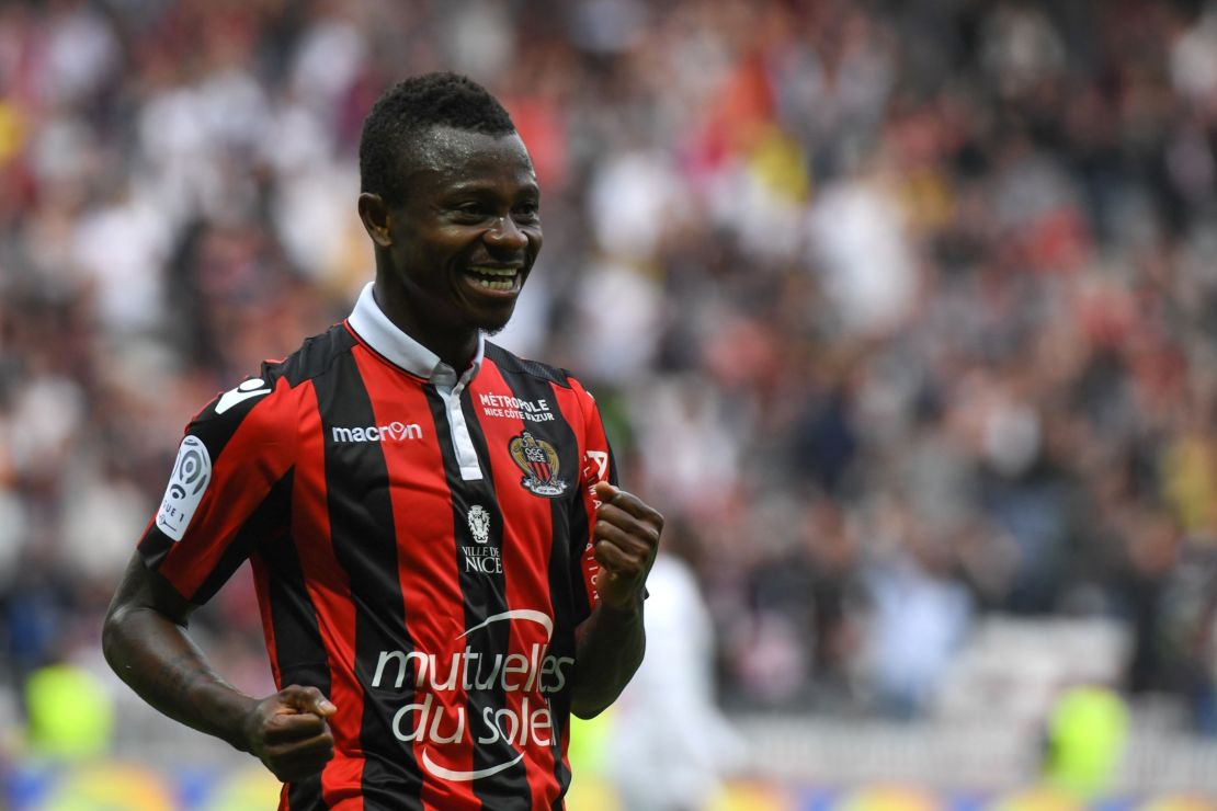 Nice's Ivorian midfielder Jean Michael Seri celebrates after scoring against AS Nancy Lorraine.
