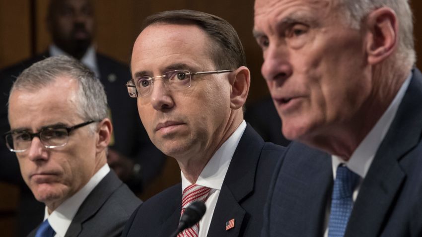 From left, acting FBI Director Andrew McCabe, Deputy Attorney General Rod Rosenstein, and Director of National Intelligence Dan Coats, testify before a Senate Intelligence Committee hearing about the Foreign Intelligence Surveillance Act, on Capitol Hill, Wednesday, June 7, 2017, in Washington. (AP Photo/J. Scott Applewhite)