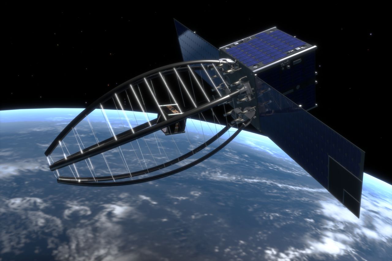 Cleanspace One is a satellite in development by the Swiss Federal Institute of Technology of Lausanne.  Originally the design featured a claw, but scientists found a net-system would be a more effective system to capture and deorbit space debris. 