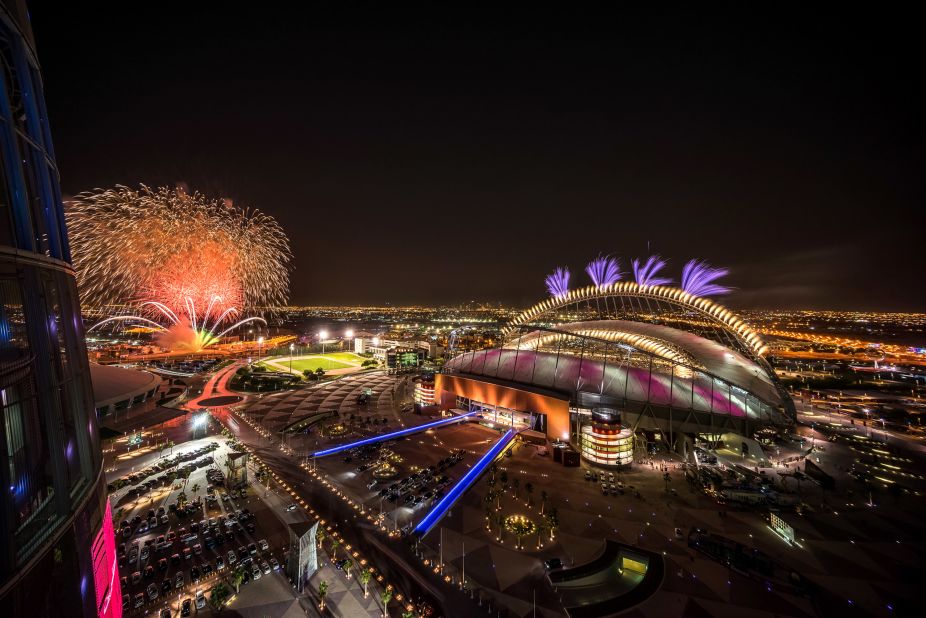 The stadium, pictured here during the official opening ceremony on May 19, can currently hold 48,000 fans after being expanded for the World Cup. 