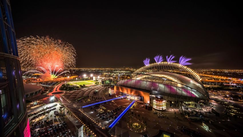 DOHA, QATAR - MAY 19:  In this handout image supplied by Qatar 2022,  Fireworks over Khalifa International  Stadium during the official opening ceremony of Khalifa International  Stadium on May 19, 2017 in Doha, Qatar. Qatar's Supreme Committee for Delivery & Legacy launches Khalifa International Stadium, the first completed 2022 FIFA World Cup venue, five years before the tournament begins. (Photo by Supreme Committee for Delivery & Legacy/Qatar 2022 via Getty Images)
