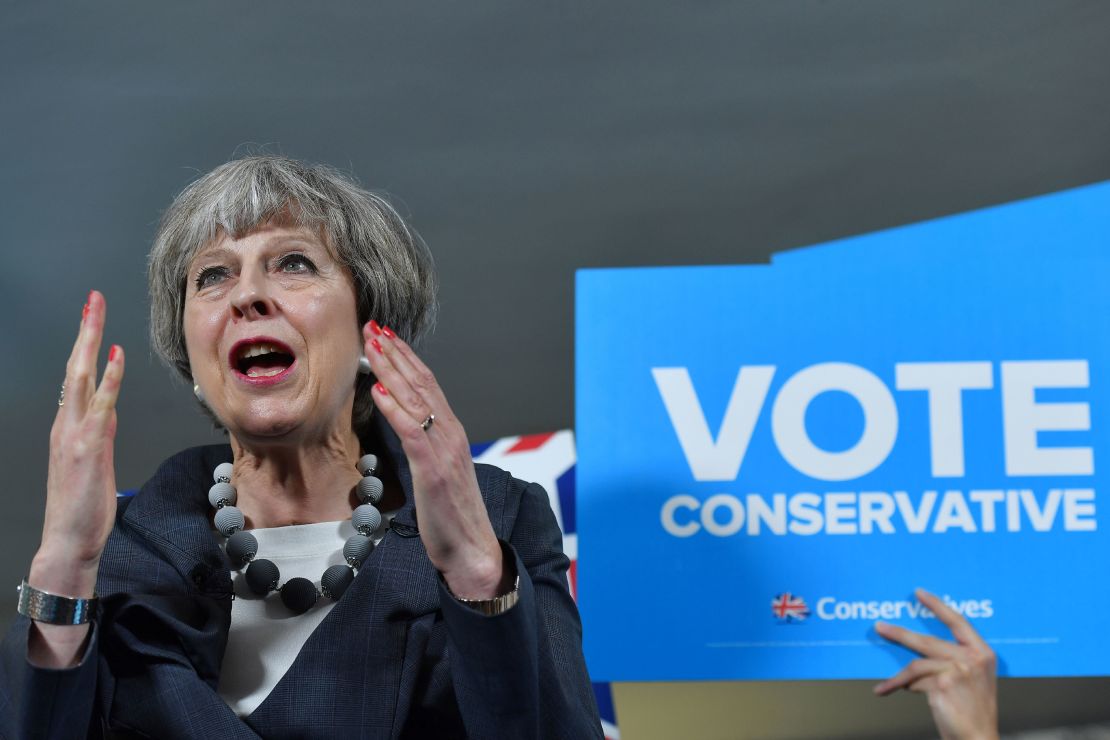Theresa May delivering a speech during an election campaign visit to Stoke-on-Trent, England, on June 6, 2017. 