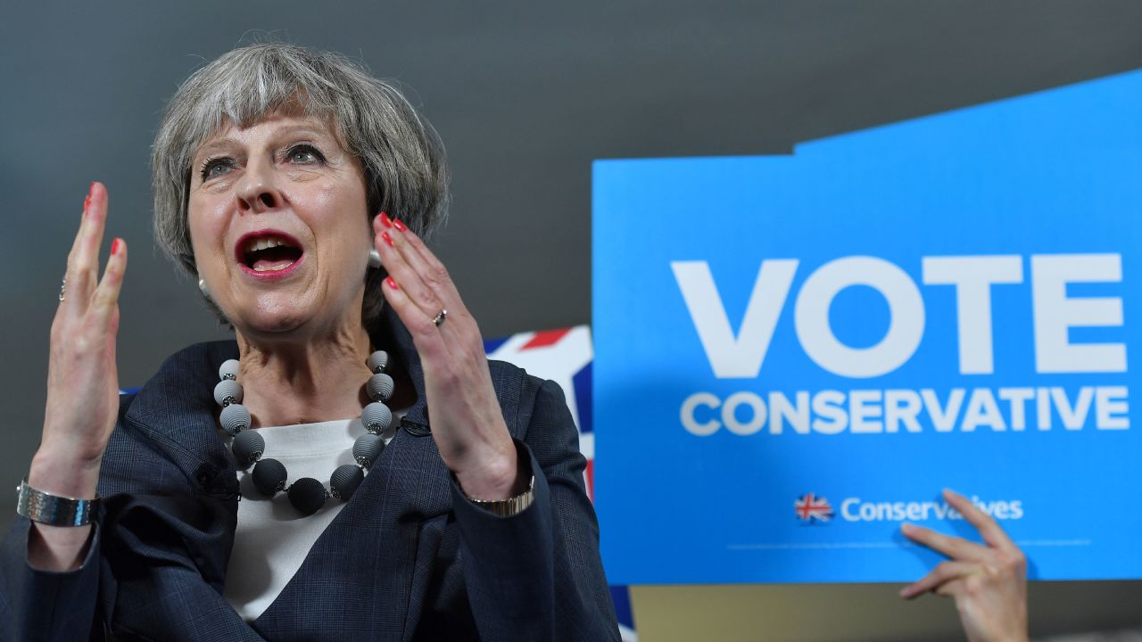 Theresa May delivering a speech during an election campaign visit to Stoke-on-Trent, England, on June 6, 2017.