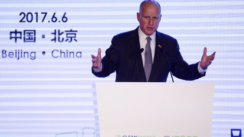 California Gov. Jerry Brown gives a speech on Tuesday, June 6, during the Clean Energy Ministerial international forum in Beijing.