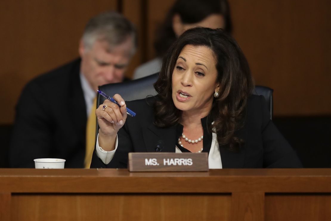 Sen. Kamala Harris (D-CA) questions witnesses from the Trump Administration in the Hart Senate Office Building on Capitol Hill in June.