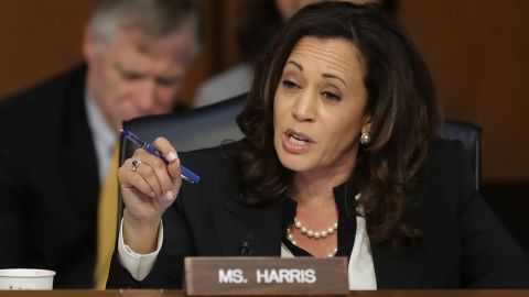 Sen. Kamala Harris (D-CA) questions witnesses from the Trump Administration in the Hart Senate Office Building on Capitol Hill in June.
