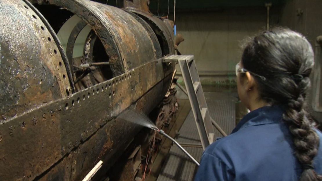 Conservation work is being done on the H.L. Hunley in a North Charleston, South Carolina, lab. 