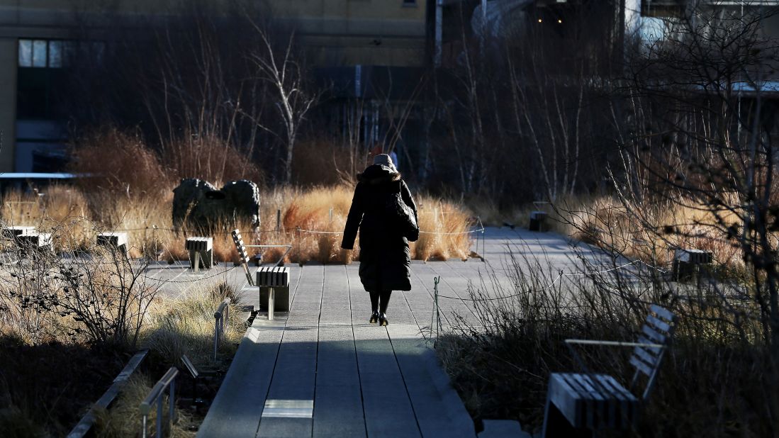 A woman is bundled up against the cold as she walks through the High Line park in Manhattan on January 24, 2013. 