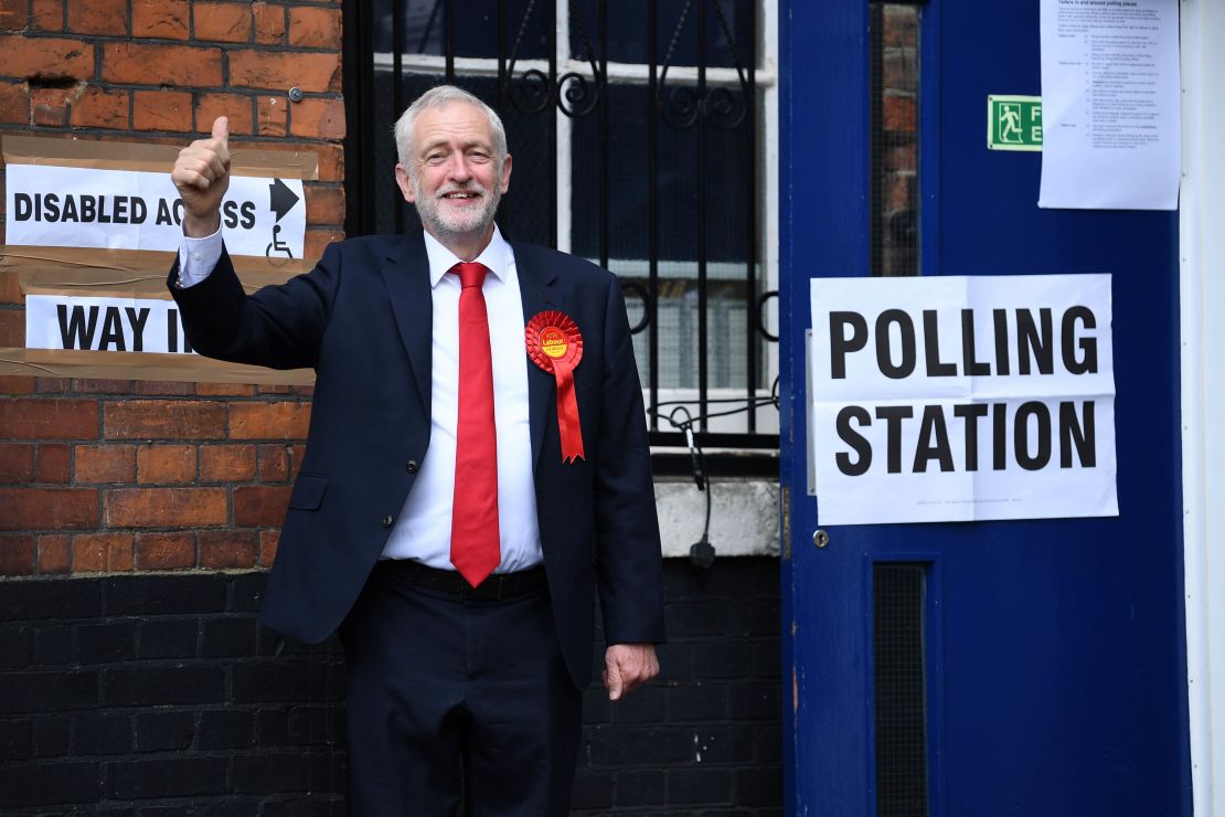 Jeremy Corbyn arrives to cast his vote at the Pakeman Primary School polling station in Islington.