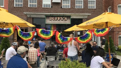 A crowd gathered outside Duffy's Irish Pub in Washington D.C. on Thursday June 8, 2017 for ousted FBI Director James Comey's testimony on the Hill.