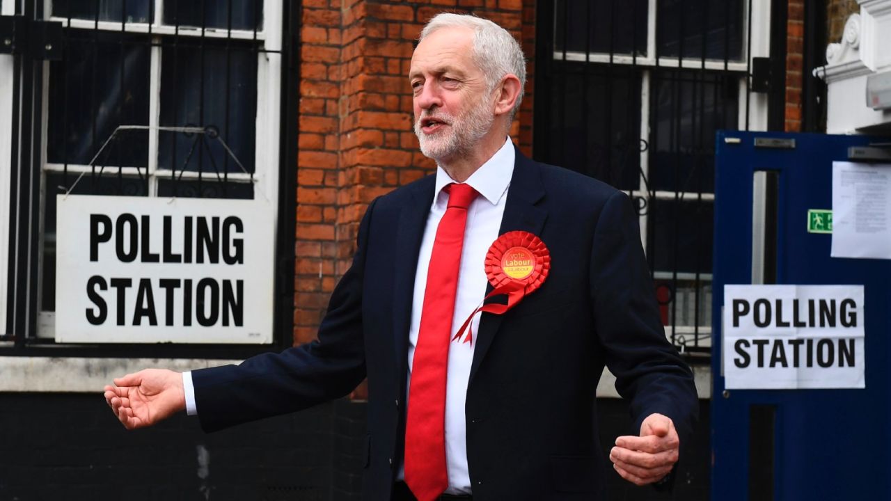 Britain's main opposition Labour Party leader Jeremy Corbyn is pictured at a polling station to cast his vote.