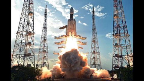 This handout photo from the Indian Space Research Organization shows an Mk III-D1 Geosynchronous Satellite Launch Vehicle taking off from the Satish Dhawan Space Centre in Sriharikota, India, on Monday, June 5.