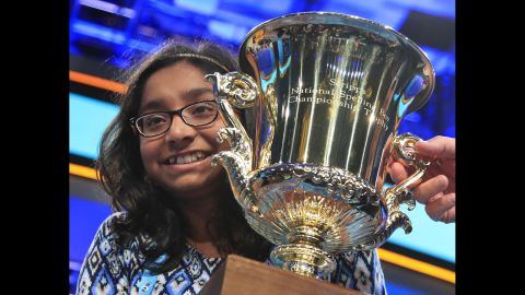 Ananya Vinay poses with her trophy after <a href="http://www.cnn.com/2017/06/01/us/national-spelling-bee-finals-winner/index.html" target="_blank">winning the annual Scripps National Spelling Bee</a> in Oxon Hill, Maryland, on Thursday, June 1. The 12-year-old from Fresno, California, beat 291 other spellers in this year's contest. The winning word was "marocain," a dress fabric that is made of ribbed silk or rayon and a filling of other yarns.