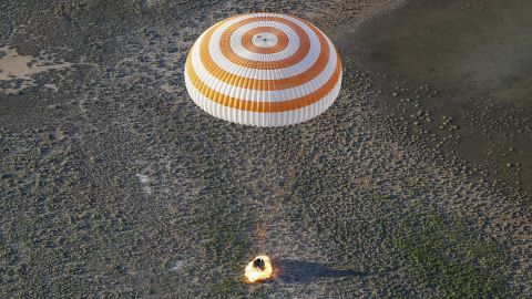 A Soyuz MS-03 capsule lands in a remote area outside the town of Dzhezkazgan, Kazakhstan, on Friday, June 2. The capsule was carrying the International Space Station crew of Russia's Oleg Novitskiy and France's Thomas Pesquet.