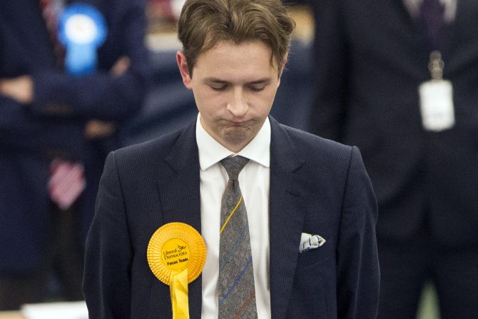 Niall Hodson, the Liberal Democrats' candidate for Sunderland Central, reacts as results are declared.