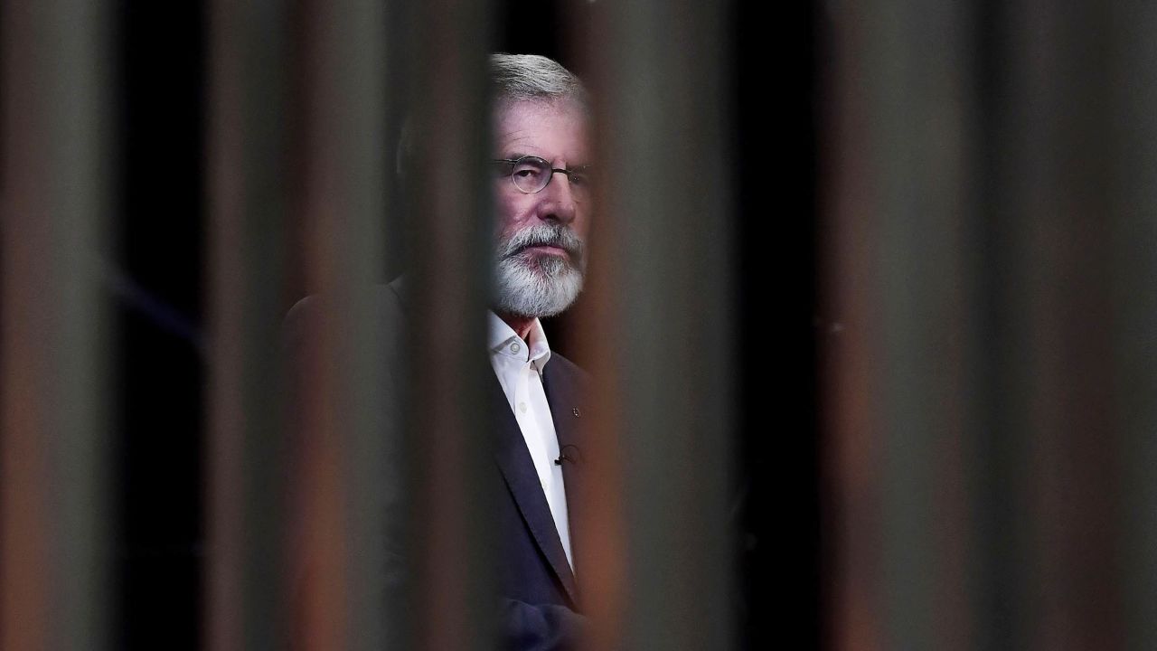 Sinn Fein president Gerry Adams waits to be interviewed by a television crew on June 9, 2017 in Belfast.