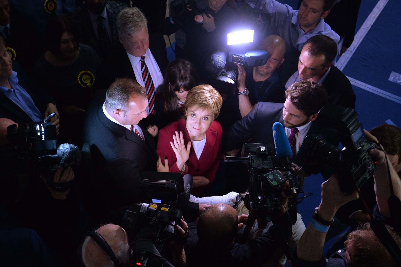First Minister Nicola Sturgeon, leader of the Scottish National Party, arrives at a counting hall in Glasgow, Scotland, on June 9. Voters in Scotland sent a resounding message to the party, which lost more than 20 seats.