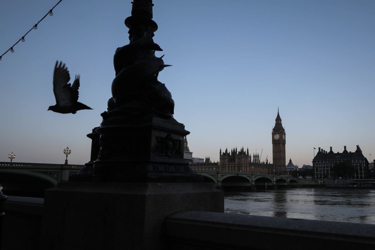 The Houses of Parliament are seen at dawn on June 9.