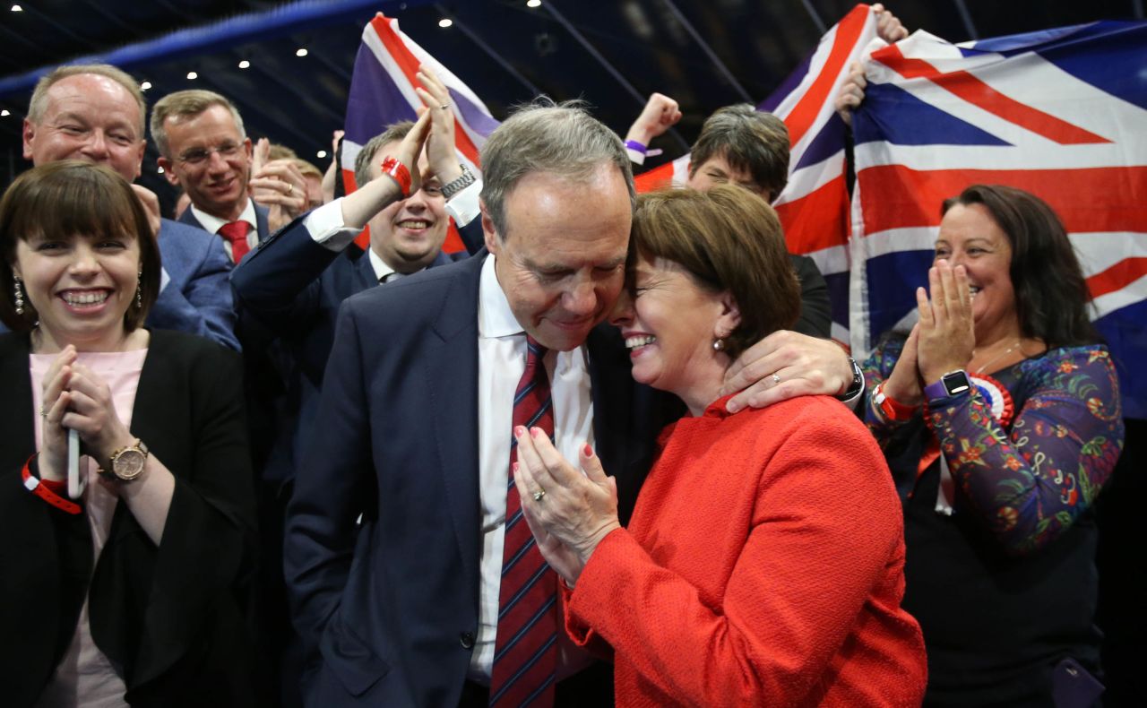 Nigel Dodds, deputy leader of Northern Ireland's Democratic Unionist Party, embraces his wife, Diane, following his election in Belfast. The conservative, pro-union party only gained two seats, but with May's Conservative Party short of a majority, the DUP has become disproportionately important in forming a new government.