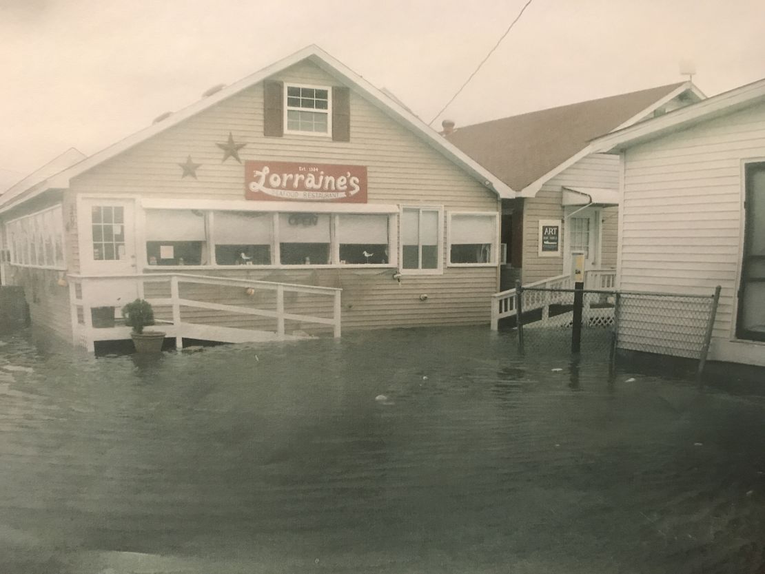In 2012 during Superstorm Sandy, Mayor James "Ooker" Eskridge snapped this picture of the storm surge pushing up against the local Tangier's restaurant, Lorraine's. 